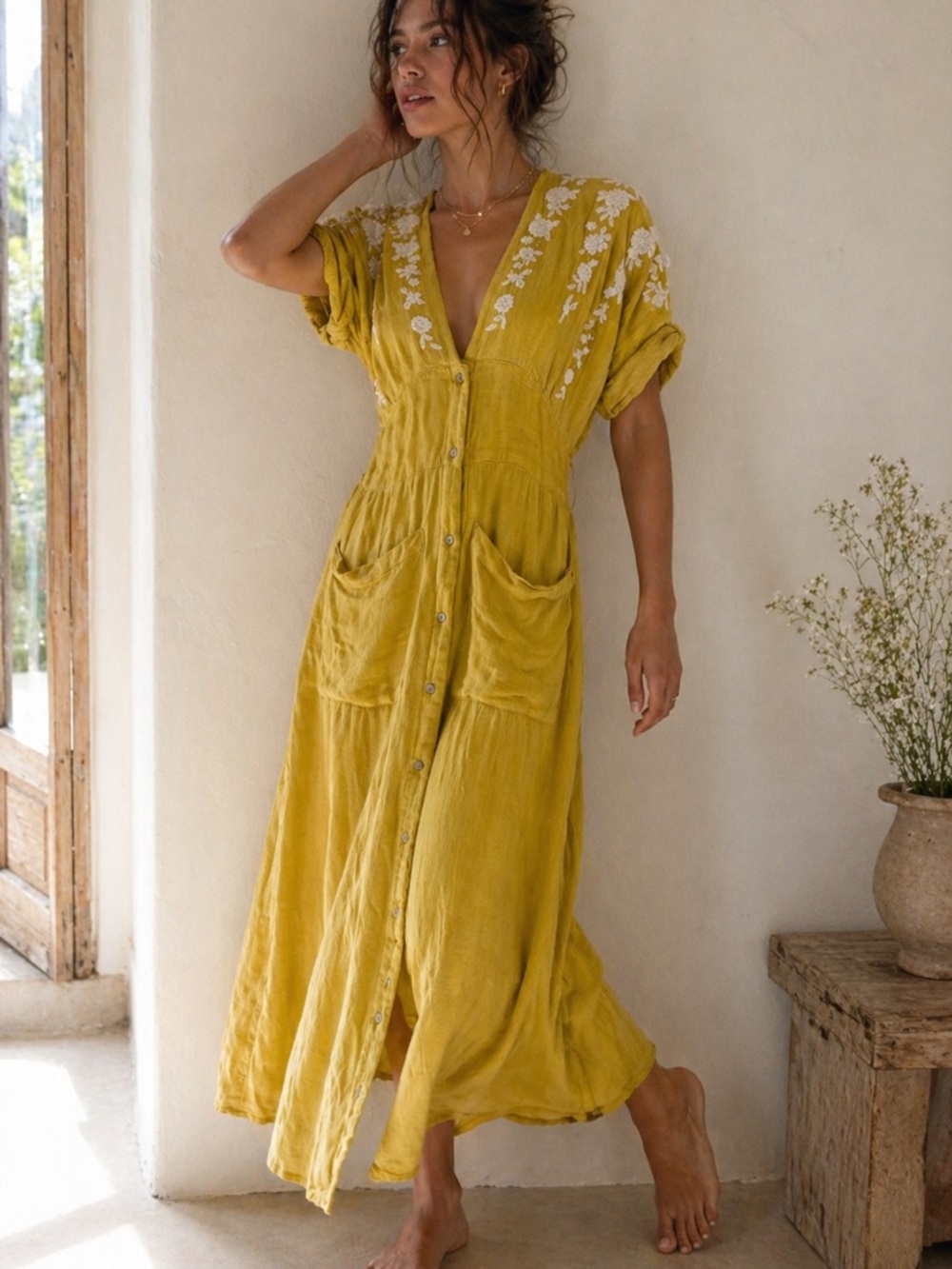 Free People Mustard Yellow Embroidered Midi Dress Boho Cottagecore Button - S